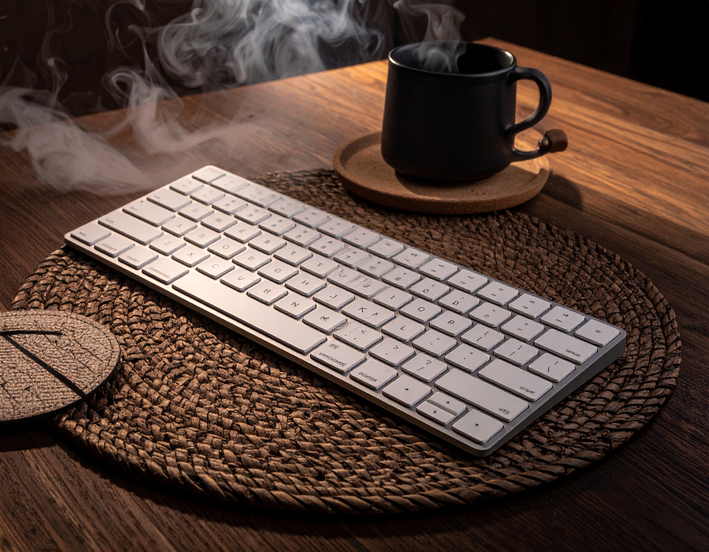 Cinematic desk hero image with keyboard and coffee