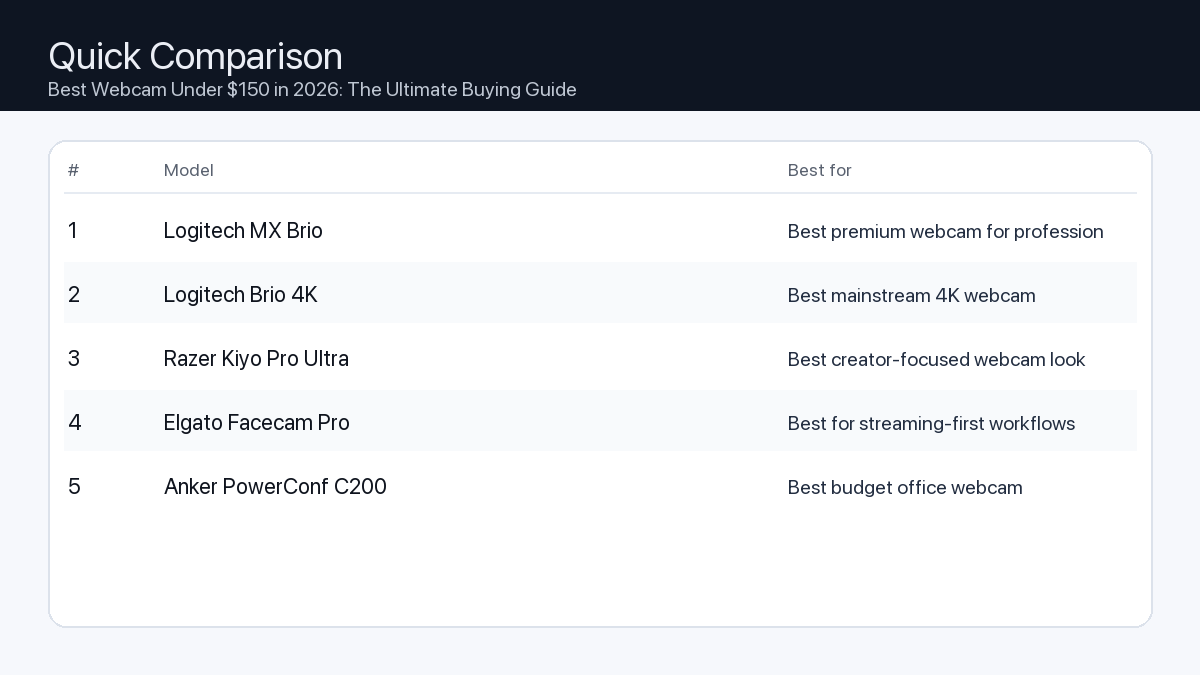 Comparison: Best Webcam Under $150 in 2026: The Ultimate Buying Guide