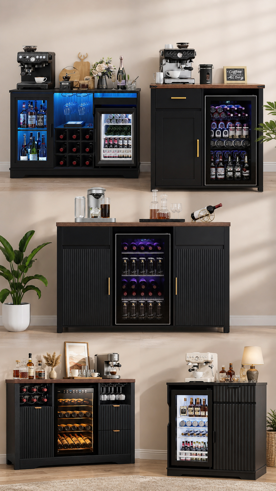 Five coffee bar cabinets with beverage fridges compared