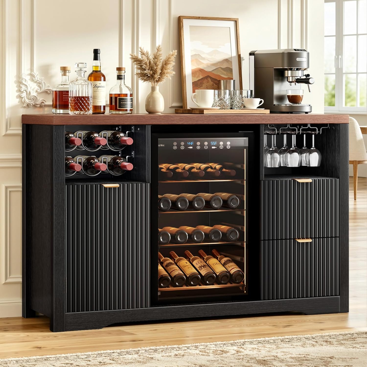 Leteuke wine bar cabinet with beverage fridge and glass storage