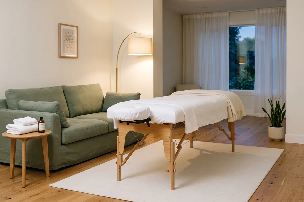 A portable massage table set up in a spare room with linens, a bolster and a small side table