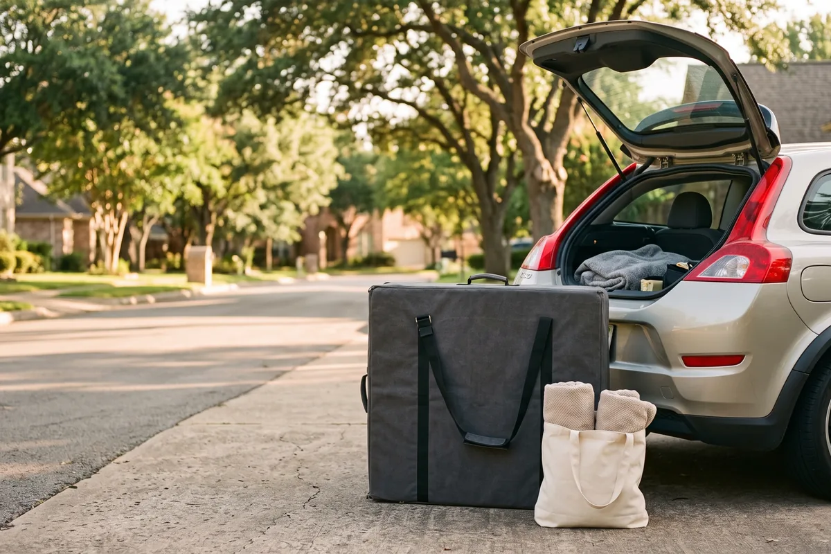 A therapist carrying a folded massage table in its case toward a car